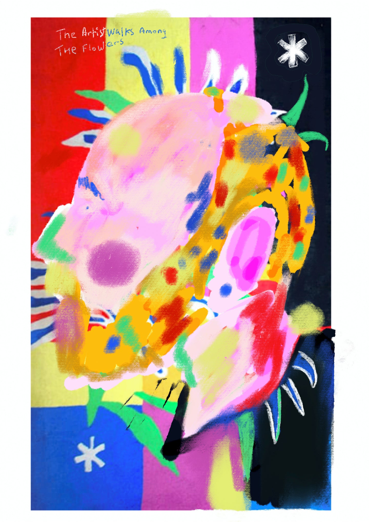 The artist walks among the flowers